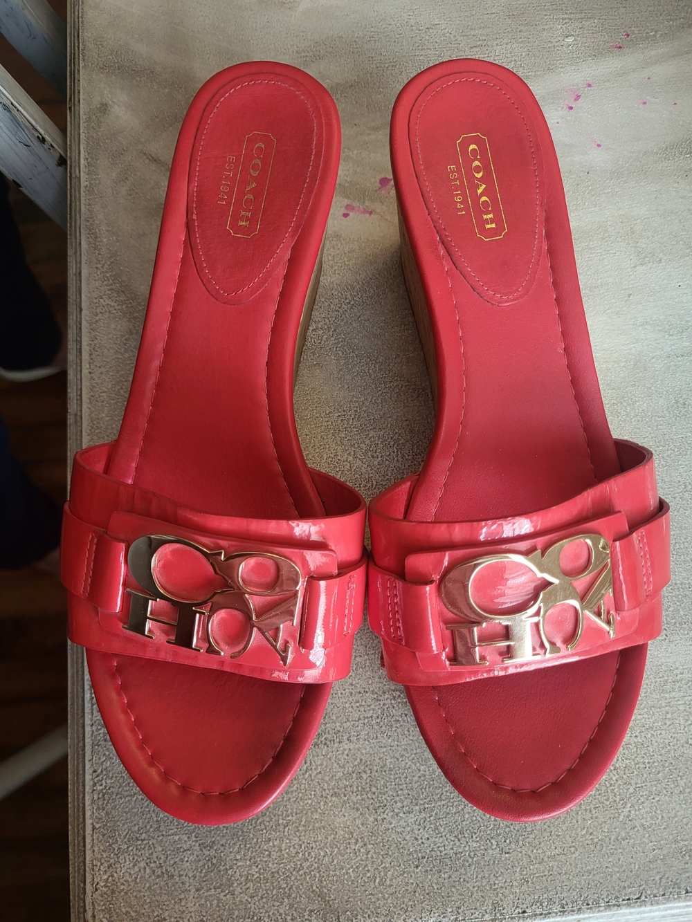 COACH Coral Patent Logo Slide Sandals